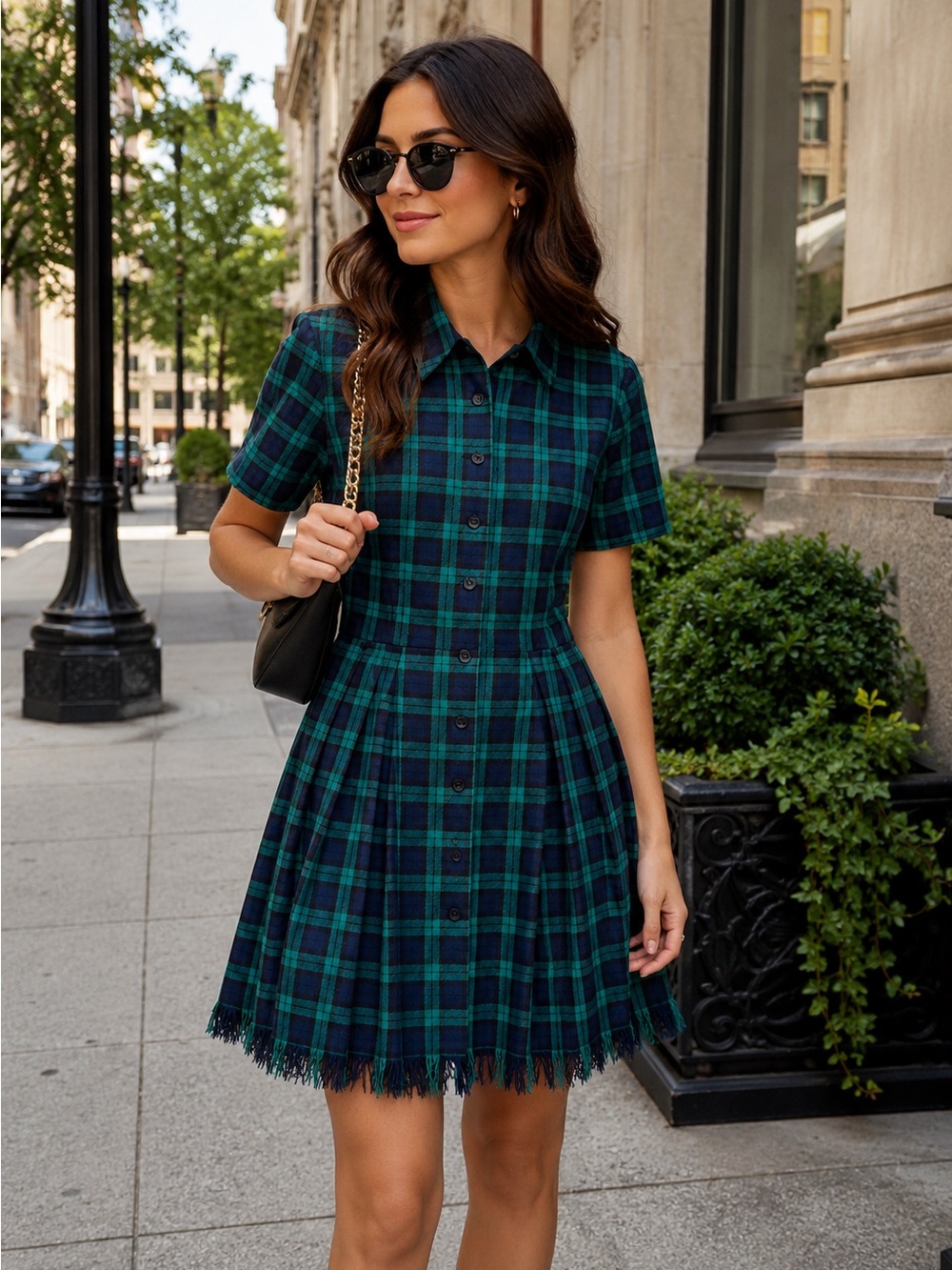 Christian Dior Green & Blue Plaid Tartan Fringe Wool/ Silk Dress